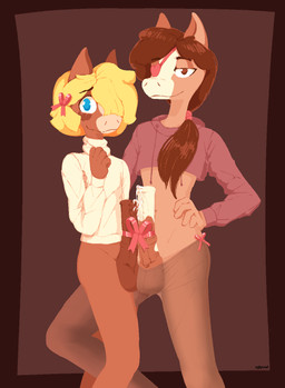 animal_genitalia anthro balls big_penis blonde_hair blue_eyes bodily_fluids brown_eyes brown_hair clothed clothing dripping duo equine_genitalia eye_patch eyewear frottage genital_fluids genitals hair legwear long_hair male male/male partially_clothed penile penis penises_touching pixelated precum precum_drip ribbons sex short_hair shy simple_background smug standing stockings topwear uglycoal mondealy equid mammal aliasing binary_drawing digital_drawing_(artwork) digital_media_(artwork) hi_res shaded simple_shading