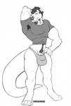 anthro bulge clothed clothing facial_hair genitals goatee looking_at_viewer male muscular muscular_anthro muscular_male penis pubes solo standing purplepardus mammal mustelid otter greyscale hi_res monochrome