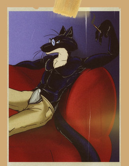 anthro athletic athletic_male biceps black_body black_claws black_fur black_nose blue_eyes border bottomwear bulge cigarette cigarette_smoke claws clothed clothing countershade_neck countershading detailed_bulge erection erection_under_clothing erection_under_underwear eyewear fur furniture genital_outline genitals glasses holding_cigarette holding_object inner_ear_fluff long_tail looking_at_viewer male multicolored_body multicolored_fur old_photograph open_bottomwear open_clothing open_pants open_zipper pants pecs penis penis_outline penis_poking_out penis_through_fly photo pince-nez pose presenting presenting_bulge presenting_penis reclining reclining_on_sofa red_sofa relaxing smoke smoking sofa solo tail tan_bottomwear tan_clothing tan_pants tent_through_fly tenting topless topless_male tuft two_tone_body two_tone_fur underwear whiskers white_clothing white_underwear yellow_border zipper illegaleel jack_salem gulonine mammal marten mustelid musteline sable_(marten) 2025 hi_res pinup