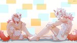 abstract_background anthro athletic athletic_anthro athletic_male bottomwear clothed clothing duo fur hair head_tuft horn long_hair male multicolored_body multicolored_fur multicolored_hair orange_horn orange_tail shorts sitting sitting_on_ground tail tan_body tan_fur topless topless_anthro topless_male tuft two_tone_body two_tone_fur two_tone_hair white_body white_fur white_hair yellow_eyes korilov arknights hypergryph studio_montagne hung_(arknights) canid canine canis domestic_dog mammal 2025 absurd_res hi_res