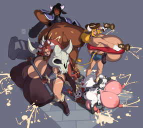 anthro armpit_hair big_breasts bodily_fluids body_hair breastmilk breasts dark_body dark_skin female group gynomorph huge_breasts intersex lactating male smegma smegma_on_penis smelly_penis standing thehelmetguy rida_(thehelmetguy) animal_humanoid bovid bovid_humanoid bovine bovine_humanoid cattle_humanoid humanoid mammal mammal_humanoid absurd_res hi_res