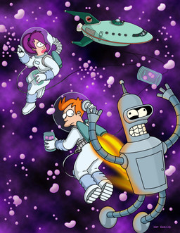 astronaut female group hair machine male orange_hair planet_express_ship purple_hair science_fiction trio matt_groening comedy_central futurama bender_bending_rodríguez philip_j._fry turanga_leela cyclops human mammal robot absurd_res hi_res official_art