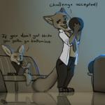 anthro bottomwear bowling bowling_ball bulge clothed clothing crossed_legs dialogue duo fur looking_back male necktie open_clothing open_shirt open_topwear pants shirt simple_background sitting size_difference standing text topwear letodoesart disney zootopia finnick_(zootopia) nick_wilde canid canine fennec_fox fox mammal red_fox true_fox 1:1 2017 english_text hi_res