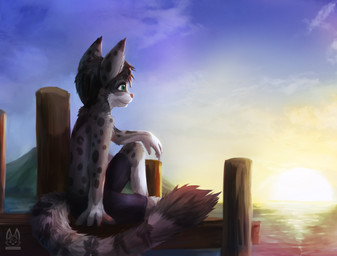 anthro biped bottomwear clothing green_eyes hair lake male outside pier seaside shorts sitting smile solo spots sunset thanshuhai felid mammal pantherine snow_leopard 2012 digital_media_(artwork) digital_painting_(artwork) hi_res painting_(artwork)