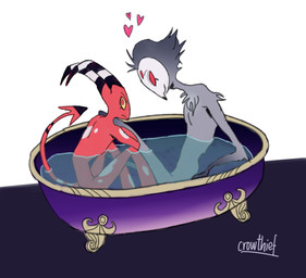 anthro bath bathing bathtub claw_foot_bathtub duo feathers fur heart_symbol looking_at_viewer male male/male sitting smile crowthief hellaverse helluva_boss blitzo_(helluva_boss) stolas_(helluva_boss) avian bird demon owl absurd_res flat_colors hi_res