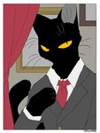 2022 ambiguous_gender anthro black_body clothed clothing domestic_cat felid feline felis hi_res mammal necktie solo tail urushi_(yorozumaru) whiskers yellow_eyes yorozumaru