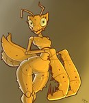 antennae_(anatomy) anthro arthropod_abdomen breasts exoskeleton eyelashes female female_anthro gradient_background looking_at_viewer non-mammal_breasts simple_background solo thigh_gap wide_hips yellow_body yellow_sclera mrdoccon arthropod insect mantis 2023 dated digital_media_(artwork) signature