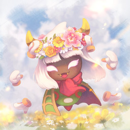 2_horns 6_hands anthro armless blush brown_body brown_skin clothing cloud cloudy_sky cute_fangs day detailed_background dreamstalk empty_eyes fangs female floating_hands flower flower_crown flower_field front_view gloves hair handwear horn legless looking_at_viewer multi_hand open_mouth open_smile orange_horn outside plant scarf sky smile smiling_at_viewer solo teeth white_eyes white_hair yellow_fangs akaki_4207 kirby:_triple_deluxe kirby_(series) nintendo queen_sectonia_(original_form) arachnid arthropod spider spidr 1:1 2023 digital_drawing_(artwork) digital_media_(artwork) full-length_portrait hi_res portrait signature