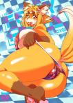 abstract_background accessory anthro big_breasts big_butt bikini bodily_fluids breasts butt camel_toe clothed clothing clothing_pull curvy_figure eyebrows fangs female fur hair hair_accessory hairclip inner_ear_fluff kemono lying nipple_outline on_side open_mouth orange_body orange_fur orange_hair panties panty_pull pawpads red_eyes solo sweat sweatdrop swimwear teeth text thick_eyebrows thick_thighs tuft two-piece_swimsuit underwear underwear_pull voluptuous white_body white_fur amakuchi foxy-rena canid canine fox mammal hi_res signature