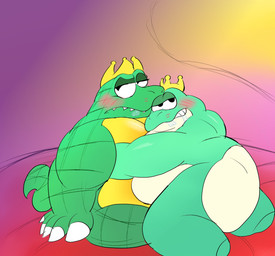 anthro bed blush blush_lines crown crown_only duo furniture headgear headgear_only hug hugging_another jewelry male mostly_nude nude on_bed overweight overweight_anthro overweight_male solo grizsnuggs donkey_kong_(series) mario_bros nintendo king_k._rool wart_(mario) amphibian frog kremling scalie hi_res