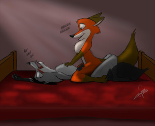 bed black_tail brown_tail duo female fur furniture green_eyes grey_body grey_fur light male male/female moonlight red_body red_eyes red_fur sex tail thebiggeewhizz lily_taylor sviatoslav_vulpula canid canine fox mammal vampire 2020 hi_res