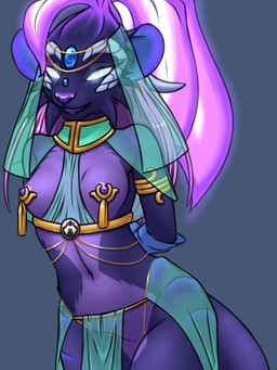 anthro bangle bioluminescence bottomwear breasts chain choker clothed clothing emblem female fur gem glowing glowing_eyes hands_behind_back horn jewelry loincloth muffler necklace nipple_clamp nipples plant purple_body purple_ears purple_fur scales skimpy solo tail veil furball nar'een alien elemental_creature mammal nokuri 3:4
