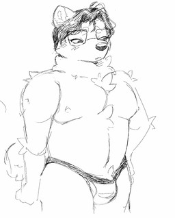 anthro bare_chest biped black_hair bodily_fluids bulge chest_tuft circle_eyebrows clothed clothing eyebrows eyewear glasses hair hand_behind_head jockstrap jockstrap_only male multiple_poses nipples pawpads pose solo sweat topless tuft underwear underwear_only pawberry lex_(pawberry) canid canine canis domestic_dog husky mammal nordic_sled_dog spitz animated hi_res short_playtime