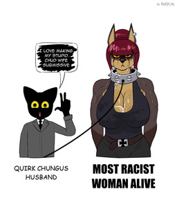 anthro big_breasts bite_mark black_body blush blush_lines bodily_fluids breasts brown_body cleavage clothed clothing collar cum cum_on_breasts dialogue dominant dominant_male duo ear_piercing eyelashes female genital_fluids happy huge_breasts husband_and_wife larger_female larger_sub leash long_eyelashes looking_at_viewer makeup male married_couple mascara muscular muscular_anthro muscular_female piercing racism running_makeup running_mascara shirt simple_background size_difference smaller_male speech_bubble spiked_collar spikes submissive submissive_female suit sweat tear_trough text topwear wife avioylin debby_(bumpin121) canid canine canis dobermann domestic_cat domestic_dog felid feline felis mammal pinscher english_text hi_res meme