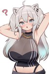 ahoge big_breasts blush bottomwear breasts clothing ear_piercing female grey_eyes grey_hair hair hands_behind_head huge_breasts long_hair looking_at_viewer midriff navel open_mouth panties piercing question_mark shirt simple_background solo topwear underwear zazami_d hololive vtuber shishiro_botan animal_humanoid felid felid_humanoid humanoid lion_humanoid mammal mammal_humanoid pantherine pantherine_humanoid 2:3 hi_res