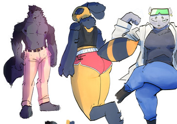 anthro belt bottomwear clothed clothing coat crossed_legs female flexing floppy_ears group lab_coat male pants shirt shorts sweater tank_top topless topless_male topwear turtleneck visor goonie-san brand_new_animal studio_trigger goon_(goonie_san) marie_itami mercy_(goonie-san) arthropod bee canid canine canis domestic_dog hymenopteran insect mammal mink mustelid musteline true_musteline colored_sketch hi_res multiple_images sketch