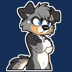 anthro belly blue_eyes crossed_arms floppy_ears folded_ears grey_body grey_spots solo spots tail telegram_sticker white_belly white_spots young young_anthro niu-ka canid canine canis domestic_dog mammal 1:1