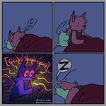 4_panel_comic anthro bat_wings bedding biped blanket blue_background border clothing eyes_closed fangs female grey_border membrane_(anatomy) membranous_wings motion_lines purple_body shirt simple_background sleeping snoring solo sound_effects speech_bubble tank_top teeth toony topwear under_covers vowelless vowelless_sound_effect wings zzz mousedrive fugue_(mousedrive) bat mammal 1:1 2022 absurd_res comic hi_res trans_(lore) trans_woman_(lore)