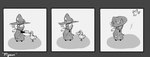 anthro border bread clothing dot_eyes duo ears_through_headwear eating feral food grey_background grey_border hat headgear headwear looking_at_another male raised_tail robe simple_background standing tail witch_hat tobydoge mr._waffle avian bird columbid domestic_cat felid feline felis mammal pigeon comic grey_theme hi_res