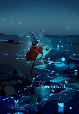 2_horns ambiguous_gender beach biped black_eyes cloak clothed clothing detailed_background empty_eyes glowing horn lifeblood melee_weapon outside red_cloak red_clothing sand solo standing text water weapon katatsumu_ktkt hollow_knight_(franchise) team_cherry hornet_(hollow_knight) arthropod 2026 artist_name english_text hi_res female_(lore)