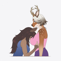 anthro antlers big_breasts biped breasts brown_body brown_fur brown_hair deer_antlers duo female female_anthro fur hair horn long_hair markings mismatched_sexual_dimorphism multicolored_hair spots spotted_body spotted_fur tan_body tan_fur white_hair merciaartlover thea_(theabunn) cervine deer mammal 1:1 hi_res intersex_(lore) trans_(lore) trans_woman_(lore)