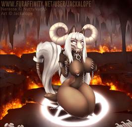 anthro beckoning bone breasts chain collar detailed_background female fire gesture hell horn kneeling nipple_piercing nipples nude piercing ring skull solo jackalope_(artist) domestic_cat felid feline felis mammal