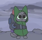 ambiguous_gender backpack cloak clothed clothing green_cloak green_clothing green_sclera grey_background grey_body male mechanical_doohickey simple_background solo tail gooblie_2 isaac_(gooblie_ii) domestic_cat felid feline felis mammal cloudy_(disambiguation) hi_res