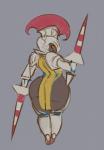 anthro anthrofied armor big_butt butt clothed clothing escavalier female generation_5_pokemon grey_background hi_res liveforthefunk looking_back nintendo pokemon pokemon_(species) pokemorph simple_background solo unconvincing_armor weapon wide_hips