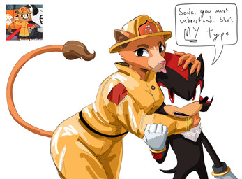 anthro armor black_eyes clothed clothing dialogue duo female firefighter firefighter_helmet fur headgear helmet hug male male/female simple_background smile tail text tongue tongue_out flmicity sega shadow_loves_latinas sonic_the_hedgehog_(series) evita_fuegos shadow_the_hedgehog eulipotyphlan felid feline hedgehog lion mammal pantherine absurd_res digital_media_(artwork) english_text hi_res official_art