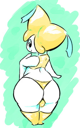 anthro backsack balls boots butt butt_focus clothing footwear genitals looking_at_viewer looking_back male panties shirt shoes topwear underwear muzzzzz nintendo pokemon generation_3_pokemon jirachi legendary_pokemon pokemon_(species)