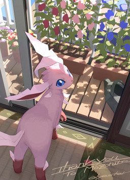 alternate_color ambiguous_feral ambiguous_gender blue_eyes blue_pupils cat_toy day detailed_background door feral flower fur high-angle_view kemono leaf leaf_tail leg_markings looking_at_viewer looking_back looking_back_at_viewer markings monotone_tail multicolored_body multicolored_fur no_sclera pink_body pink_ears pink_fur pink_tail plant plant_pot potted_plant pupils quadruped rear_view red_body red_fur red_inner_ear socks_(marking) solo standing tail tatami two_tone_body two_tone_fur watering_can olyester nintendo pokemon fan_character eeveelution generation_4_pokemon leafeon mammal pokemon_(species) 2025 colored digital_media_(artwork) digital_painting_(artwork) painting_(artwork) shaded signature