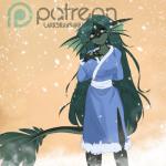 anthro blue_eyes breasts clothed clothing ear_fins female fin gem green_hair hair long_hair membrane_(anatomy) non-mammal_breasts patreon_logo patreon_username smile snow solo split_form text webbed_hands larkdraws avatar:_the_last_airbender nickelodeon patreon miren marine merfolk scalie 1:1 english_text hi_res