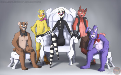 anthro female group male puppet namygaga five_nights_at_freddy's five_nights_at_freddy's_2 fnafng scottgames bonnie_(fnaf) chica_(fnaf) foxy_(fnaf) freddy_(fnaf) marionette_(fnaf) avian bear bird canid canine chicken fox galliform lagomorph leporid mammal phasianid rabbit absurd_res digital_media_(artwork) hi_res