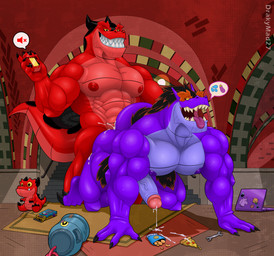 2_horns 4_fingers abs all_fours anal anal_orgasm anal_penetration anthro anthrofied biceps black_claws black_eyes black_hair black_horn blue_body blue_penis blue_scales claws computer deltoids doggystyle eggplant_emoji ejaculation electronics emoji erection finger_claws fingers food forearm_muscles from_behind_position genitals glans grin hair half-closed_eyes hands-free horn inside laptop looking_at_another looking_back looking_down looking_pleasured male male/male muscular muscular_anthro muscular_male narrowed_eyes nipples orgasm pecs penetration penile penile_penetration penis penis_in_ass pizza purple_horn purple_nipples purple_tongue red_hair scales sex sharp_teeth smile sweatdrop_(iconography) tail teeth tongue tongue_out toothy_grin trapezius yellow_sclera woofmadness marvel moon_girl_and_devil_dinosaur devil_dinosaur_(moon_girl_and_devil_dinosaur) moon_dinosaur dinosaur prehistoric_species reptile saurischian scalie theropod tyrannosaurid tyrannosauroid tyrannosaurus tyrannosaurus_rex hi_res