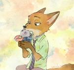 abstract_background anthro bottomwear brown_body brown_fur clothed clothing fully_clothed fur holding_object necktie pants shirt solo topwear monmokamoko disney tsum_tsum zootopia nick_wilde canid canine fox mammal red_fox true_fox