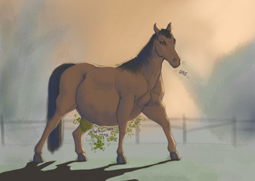 after_vore ambiguous_gender belly big_belly black_hair black_tail brown_belly brown_body brown_ears brown_legs fatal_vore fence feral feral_pred hair quadruped rumbling_stomach skull_symbol tail text vore unknown_artist equid equine horse mammal english_text hi_res