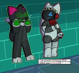 ambiguous_gender anthro black_body black_fur blue_eyes blue_visor duo flattened flattening_fetish fur gameplay_mechanics green_eyes green_pawpads green_tongue machine malleable_body multicolored_body multicolored_fur pawpads paws pink_inner_ear ribbons screen screen_face tongue white_body white_fur valytine aigis_(thicc-feline) makoto_(thicc-feline) domestic_cat felid feline felis mammal protogen tuxedo_cat hi_res