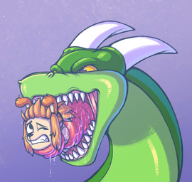 2_horns anthro black_eyebrows black_eyes black_nose blue_background bodily_fluids brown_ears brown_hair clenched_teeth duo eyebrows feral feral_pred feral_prey fur green_body green_scales hair horn in_mouth looking_back male male_anthro male_feral male_pred male_prey one_eye_closed oral_vore pink_tongue saliva saliva_on_tongue scales sharp_teeth simple_background size_difference snout tan_body tan_fur tan_inner_ear teeth tongue tongue_around_body vore white_horn yellow_sclera bluestripedrenulian mythology canid canine canis domestic_dog dragon mammal mythological_creature mythological_scalie scalie 2026 hi_res