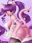 accessory anthro apron bell black_nose breasts butt clothing female furgonomics hair heart_(marking) kneeling long_hair looking_at_viewer looking_back looking_back_at_viewer markings pigtails purple_hair red_eyes simple_background smile solo tail tail_accessory tail_bell white_apron white_clothing macaronneko cotton_(macaronneko) domestic_cat felid feline felis mammal 2020 digital_media_(artwork) hi_res