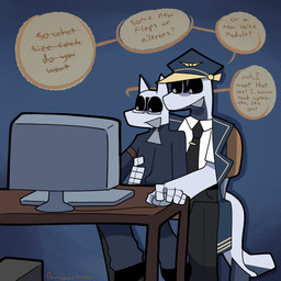 accessory aircraft anthro black_sclera boeing_787 clothed clothing coat_cape computer computer_desk desk dialogue duo electronics furniture hat headgear headwear machine male necktie on_lap online_shopping peaked_cap pilot_hat pilot_uniform sitting sitting_on_lap table text vehicle white_body bunchasticks boeing boeing_737 eli_the_plane_(bunchasticks) roger_(bunchasticks) aeromorph living_aircraft living_machine living_vehicle 1:1 english_text hi_res trans_(lore) trans_man_(lore)