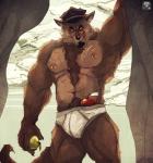 anthro apple arc_nipple_piercing beard biceps biped briefs chest_tuft clothed clothing facial_hair food fruit fur goatee hat headgear headwear licking licking_lips licking_own_lips looking_at_viewer male muscular muscular_anthro muscular_male nipple_piercing nipples piercing plant police police_hat pubes self_lick solo standing text tighty_whities tongue tongue_out topless tuft underwear white_briefs white_clothing white_underwear vetrowolf canid canine canis mammal wolf 2014 hi_res