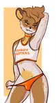 anthro athletic athletic_anthro athletic_male black_nose border brown_body brown_eyes brown_fur choker clothed clothing crop_top crotch_lines cute_fangs femboy front_view fur hair hand_behind_head hooters_uniform jewelry looking_at_viewer male markings midriff multicolored_body multicolored_clothing multicolored_crop_top multicolored_fur multicolored_shirt multicolored_topwear navel necklace orange_choker orange_clothing orange_crop_top orange_jewelry orange_necklace orange_panties orange_shirt orange_topwear orange_underwear panties shirt simple_background skimpy solo spots spotted_body standing tan_background tan_body tan_fur tan_hair tank_top text text_on_clothing text_on_shirt text_on_tank_top text_on_topwear topwear two_tone_clothing two_tone_crop_top two_tone_shirt two_tone_topwear underwear white_body white_border white_clothing white_crop_top white_fur white_topwear oridore femboy_hooters hooters oridore_(character) gulonine mammal marten mustelid musteline english_text hi_res