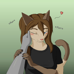 ambiguous_gender anthro blush breasts claws clothing duo female heart_symbol petting purring rubbing_cheek shirt simple_background tail text topwear xevv celest_(androidz) domestic_cat felid feline felis mammal 1:1 absurd_res english_text hi_res