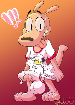 anthro balls big_balls bodily_fluids clothing cum cum_drip dripping erection genital_fluids genitals male pajamas solo tongue tongue_out underwear wet wet_clothing wet_underwear conditional_dnp lobofeo nickelodeon rocko's_modern_life rocko_rama macropod mammal marsupial wallaby absurd_res hi_res