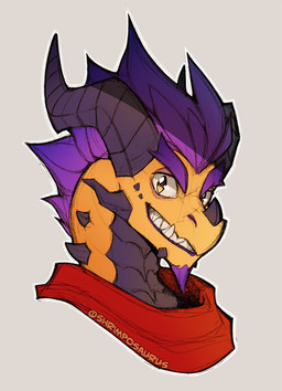 anthro countershading facial_hair facial_horn facial_spikes goatee hair horn jaw_spikes looking_at_viewer male multicolored_body neck_spikes nose_horn orange_body orange_eyes purple_body purple_countershading purple_hair red_scarf scarf simple_background smile solo spikes spikes_(anatomy) two_tone_body shrimposaurus activision mythology spyro_reignited_trilogy spyro_the_dragon rescued_dragons_(spyro) titan_(spyro) dragon mythological_creature mythological_scalie scalie bust_portrait letterbox portrait