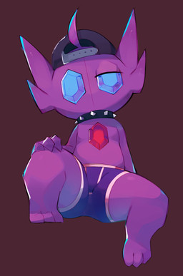 ambiguous_gender backwards_baseball_cap backwards_hat baseball_cap clothing collar gem hat headgear headwear looking_at_viewer one_eye_half-closed simple_background solo underwear smite_(artist) nintendo pokemon generation_3_pokemon humanoid pokemon_(species) sableye absurd_res hi_res