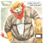 anthro belly clothing eyewear glasses hat headgear headwear humanoid_hands male navel overweight overweight_anthro overweight_male shirt solo text topwear spazz_bear felid lion mammal pantherine 1:1 2018 english_text hi_res