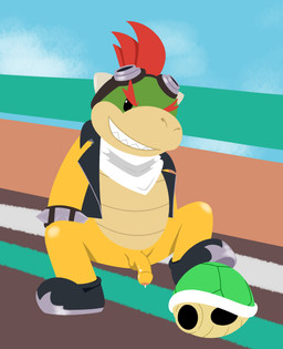 balls bottomless bracelet clothed clothing eyebrows eyewear fangs flaccid footwear genitals goggles jacket jewelry kerchief koopa_shell male open_clothing open_jacket open_topwear outside penis red_eyebrows shell shoes sitting smile solo spiked_bracelet spikes step_pose teeth topwear turtle_shell young young_male aaron_amethyst mario_bros nintendo bowser_jr. koopa scalie absurd_res hi_res