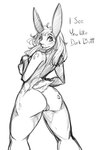 2016 anthro blush breasts butt dialogue digital_drawing_(artwork) digital_media_(artwork) english_text female genitals hair hand_on_breast lagomorph leporid mammal monochrome nipples nude open_mouth pussy rabbit simple_background solo text watsup white_background wonderbunny