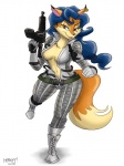 anthro blue_hair breasts brown_eyes cleavage clothed clothing cosplay ear_piercing female fur gun hair knife lipstick looking_at_viewer makeup markings mole_(marking) orange_body orange_fur piercing ranged_weapon smile solo weapon heresy_(artist) konami metal_gear metal_gear_solid_3 sly_cooper_(series) sony_corporation sony_interactive_entertainment sucker_punch_productions carmelita_fox the_boss canid canine fox mammal 2015 3:4 digital_media_(artwork) shaded signature